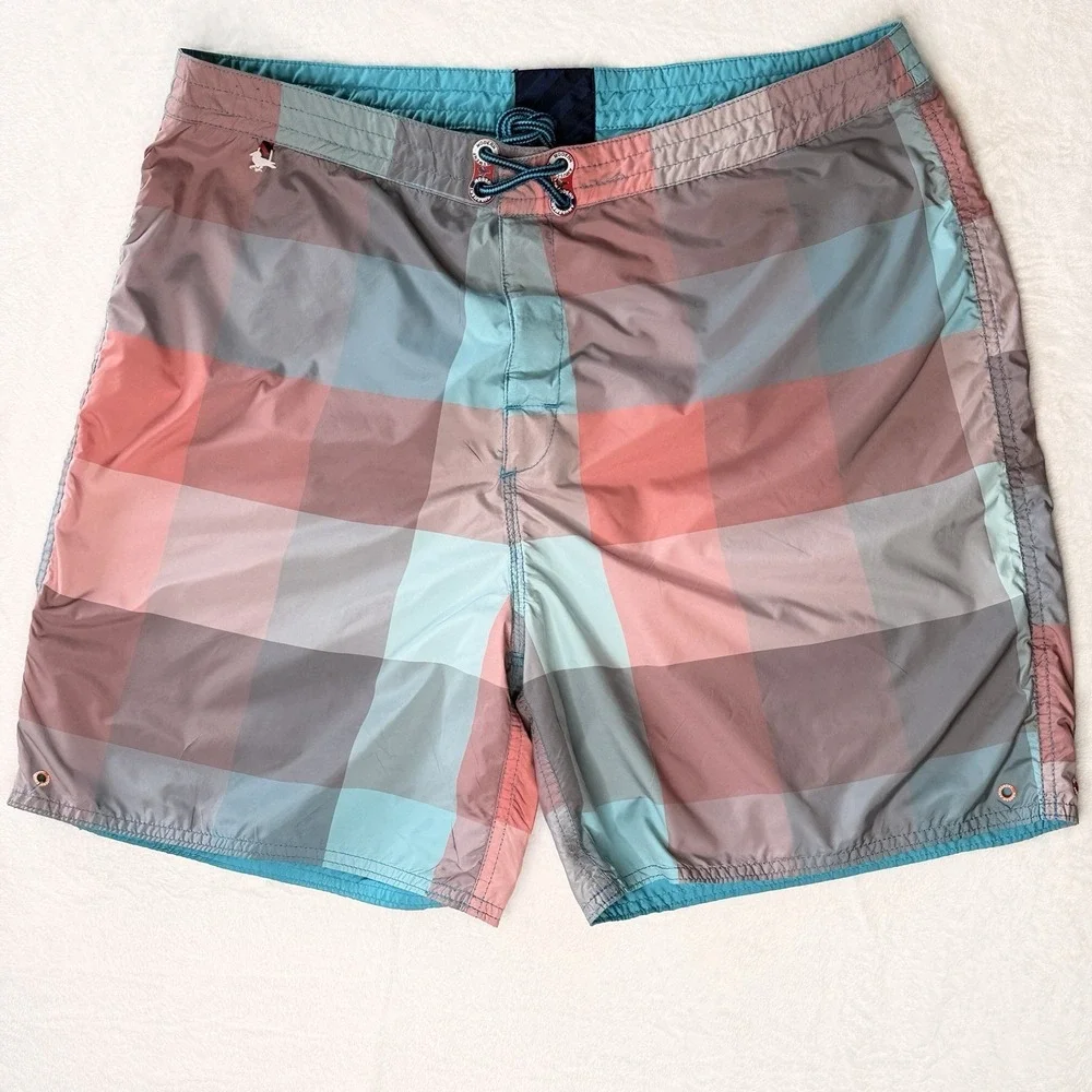 Modern‎ Amusement Board Shorts Mens 36 Plaid Pink Blue 6.5 Inseam Surf Swim
